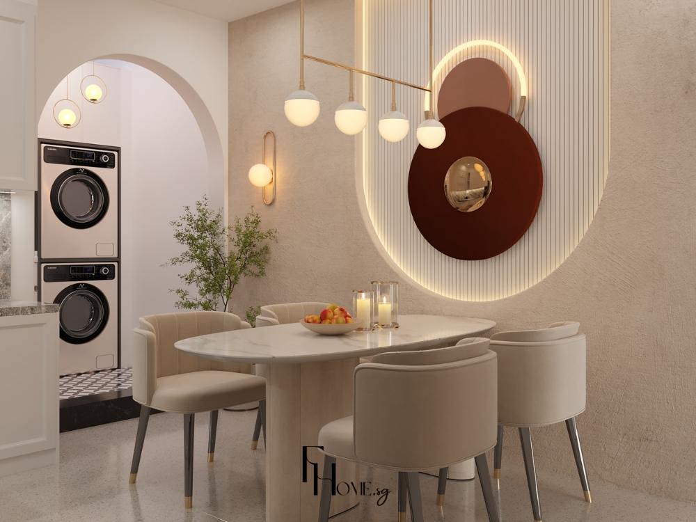 Thiết Kế Nội Thất Nhà Phố 2 Tầng Phong Cách Wabi Sabi với phòng bếp thanh thoát, sử dụng vật liệu thô mộc như gỗ và đá