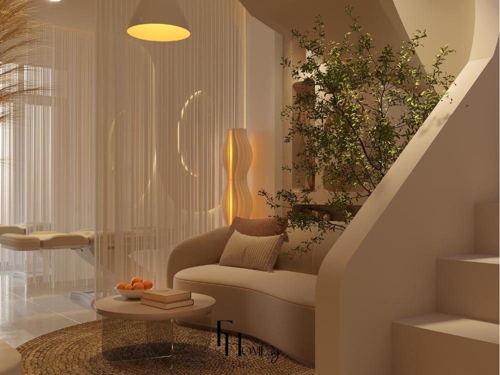 Thiết Kế Nội Thất Nhà Phố 2 Tầng Phong Cách Wabi Sabi với phòng khách giản dị, sử dụng vật liệu thô như gỗ và đá