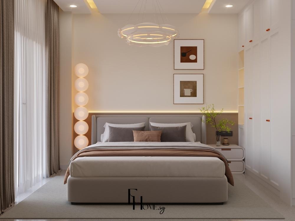 Thiết Kế Nội Thất Nhà Phố 2 Tầng Phong Cách Wabi Sabi với phòng ngủ chính mộc mạc, kết hợp gam màu đất và vật liệu tự nhiên