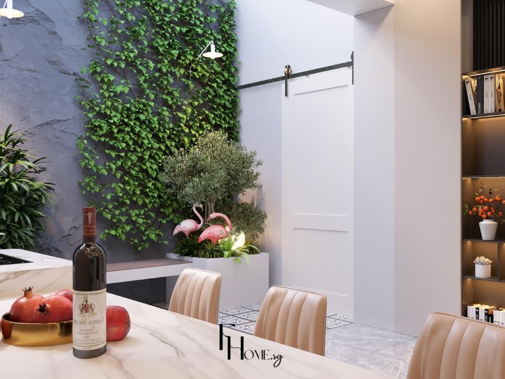 Phòng khách Japandi với gam màu trắng, be, nâu gỗ, sofa đơn giản, bàn trà gỗ tự nhiên và chi tiết trang trí từ tre và gốm sứ