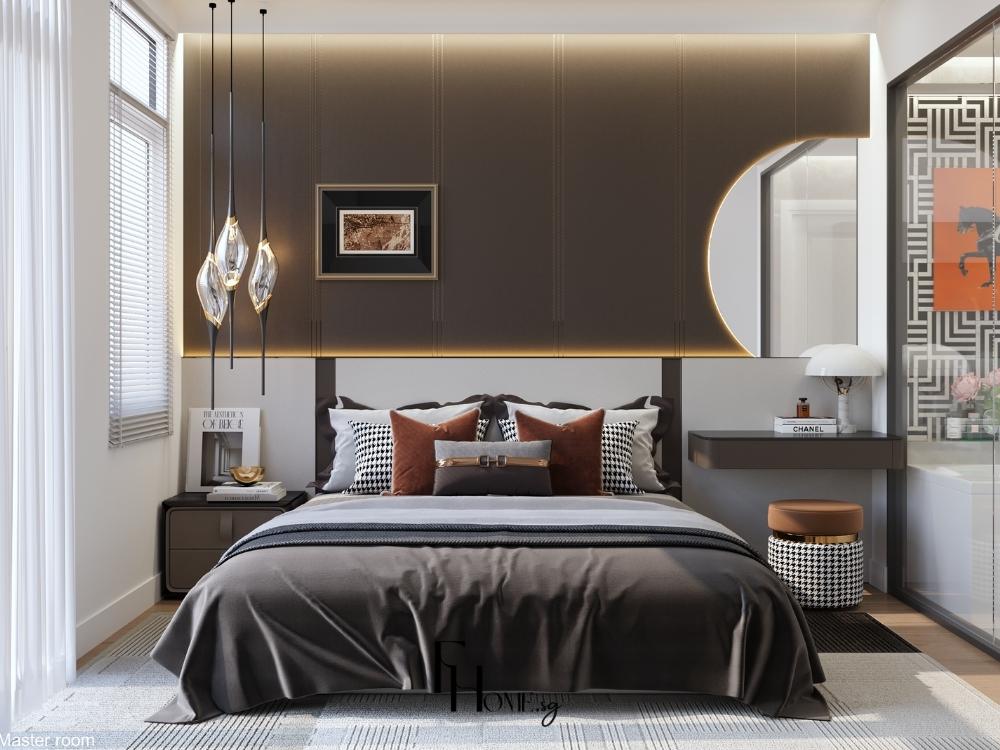 Phòng ngủ chính với gam màu xám nhạt và trắng, giường kim loại, tủ âm tường gỗ sáng, đèn LED âm trần