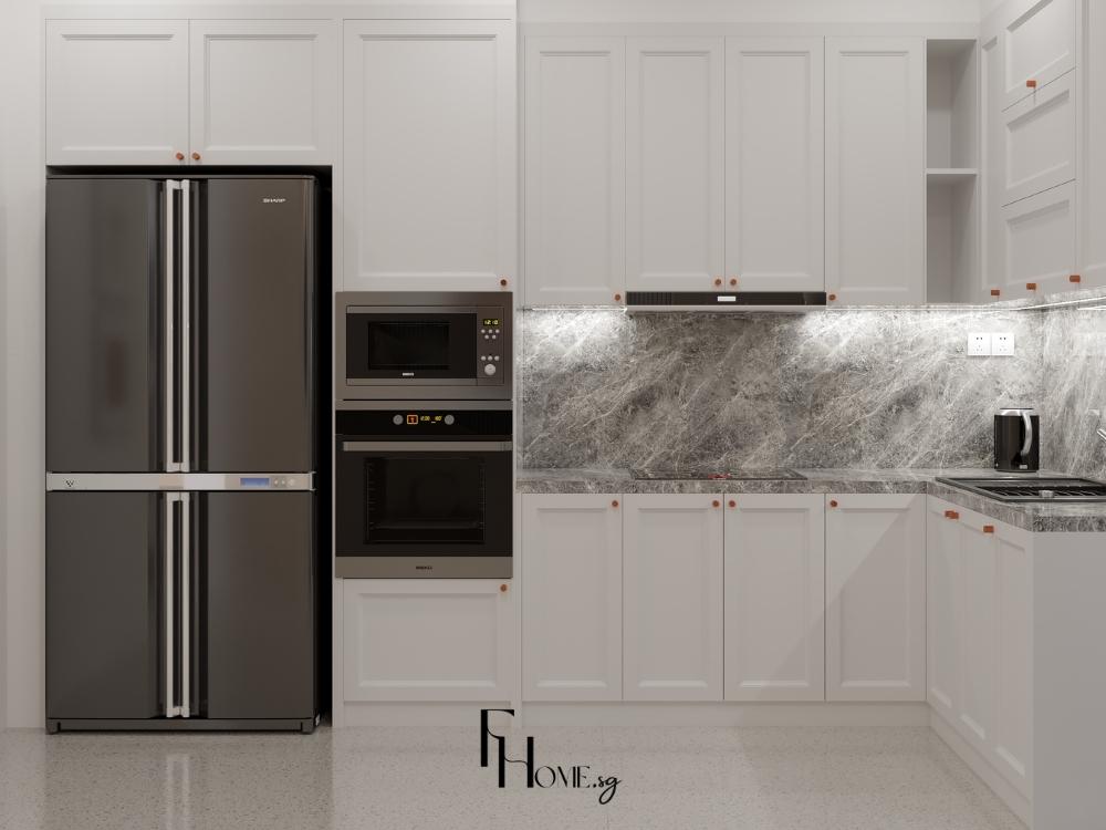 Tủ bếp kịch trần với ngăn lưu trữ hợp lý, giúp không gian bếp gọn gàng và tiện lợi