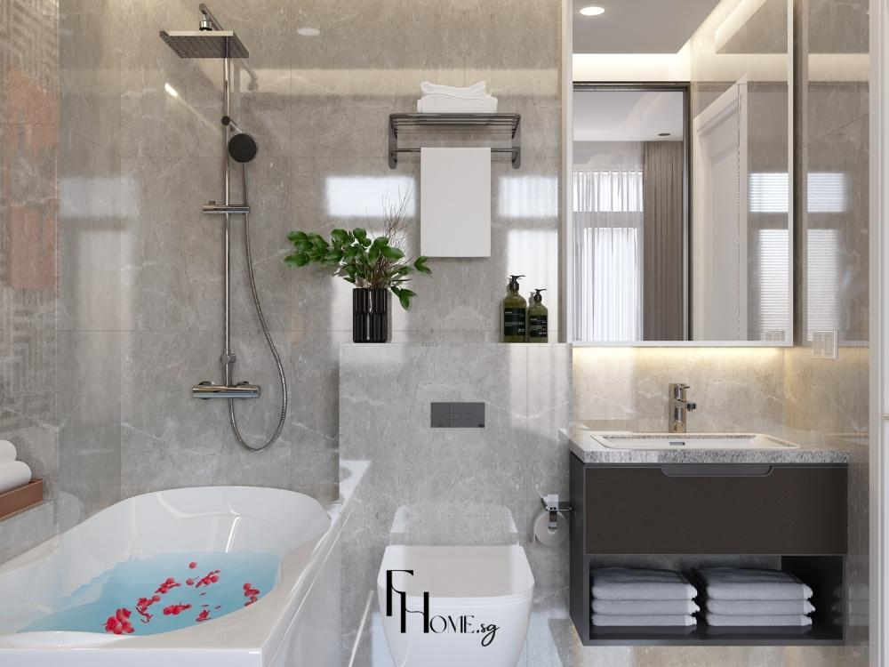 Thiết kế Phòng tắm với vách kính phân chia khu vực khô và ướt, tạo không gian sử dụng hiệu quả và tiện lợivệ sinh/ phòng tắm