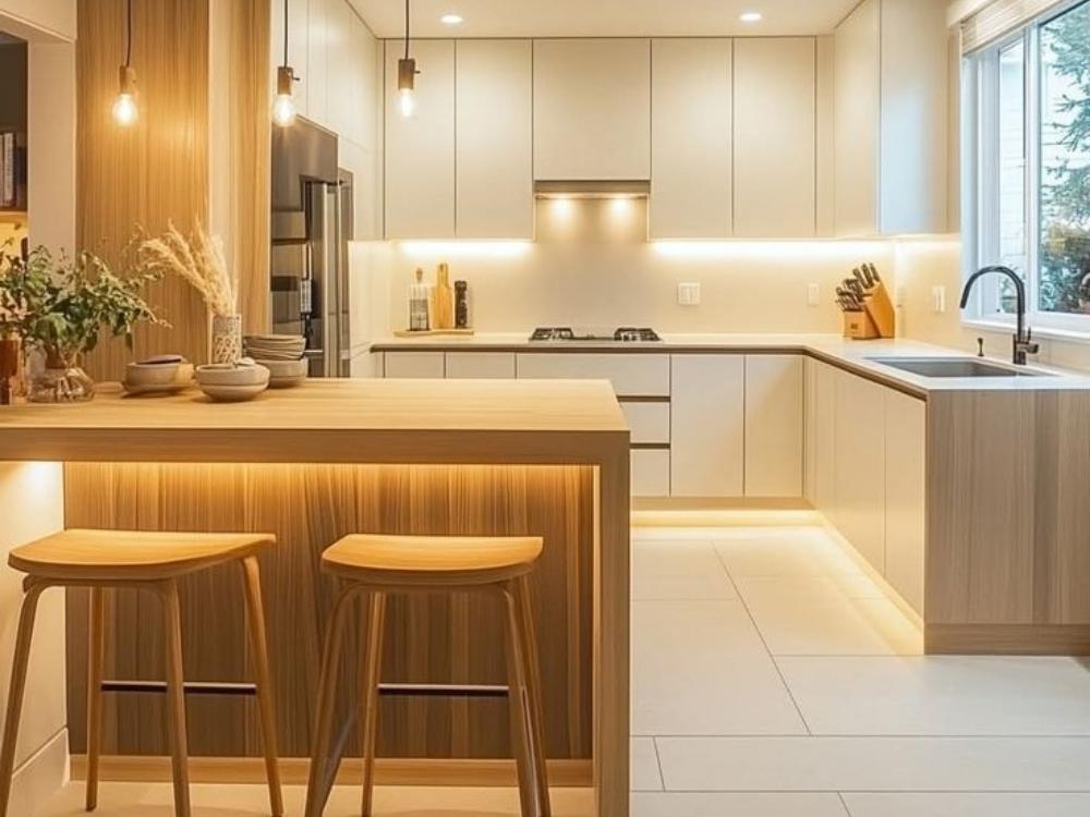 Thiết kế bàn ăn hoặc quầy bar nhỏ gọn giúp giải phóng không gian và tạo sự linh hoạt cho căn bếp