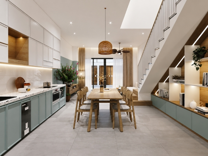 Thiết kế bếp ăn nhà phố 2 tầng 100m2 kệ sách gầm thang