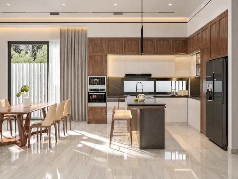 Thiết kế bếp ăn nhà phố 2 tầng 240m2 đảo bếp than chì
