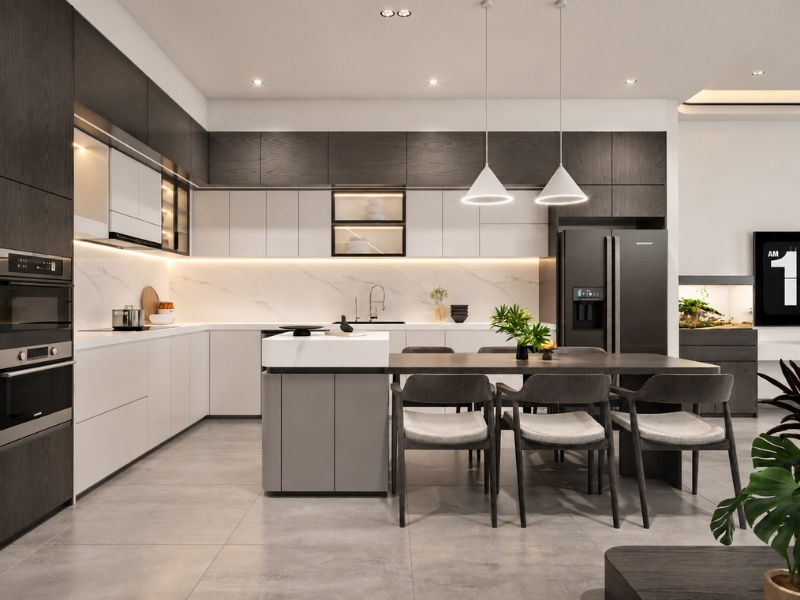 Thiết kế bếp ăn nhà phố 2 tầng 60m2 bàn đảo nối dài