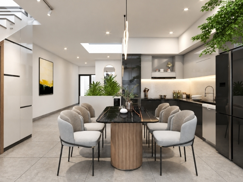 Thiết kế bếp ăn nhà phố 2 tầng 70m2 bàn ăn mặt đá đen