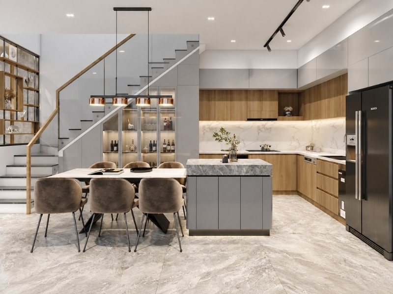 Thiết kế bếp ăn nhà phố 2 tầng 90m2 có đảo bếp đá marble