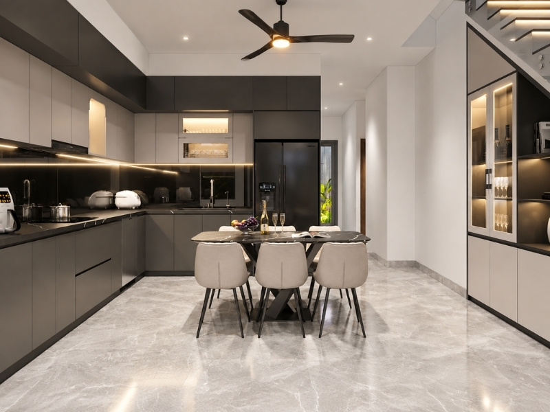 Thiết kế bếp ăn nhà phố 2 tầng ngang 6m liên thông tiện nghi