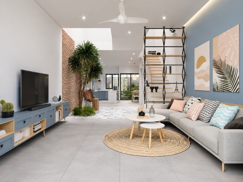 Thiết kế bếp ăn nhà phố 2 tầng phong cách Bắc Âu bàn đảo terrazzo