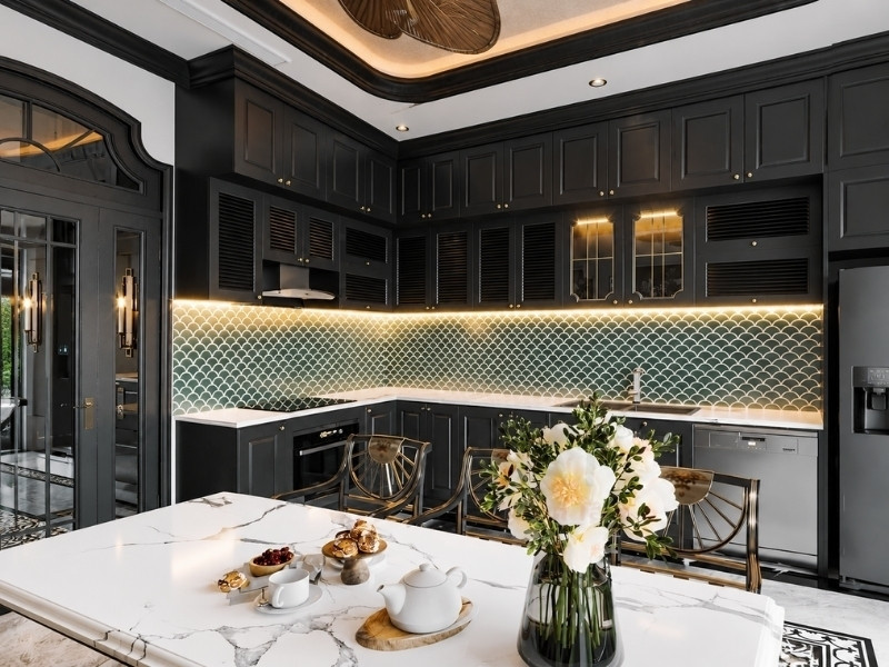 Thiết kế bếp ăn nhà phố 2 tầng phong cách Indochine gạch vảy cá
