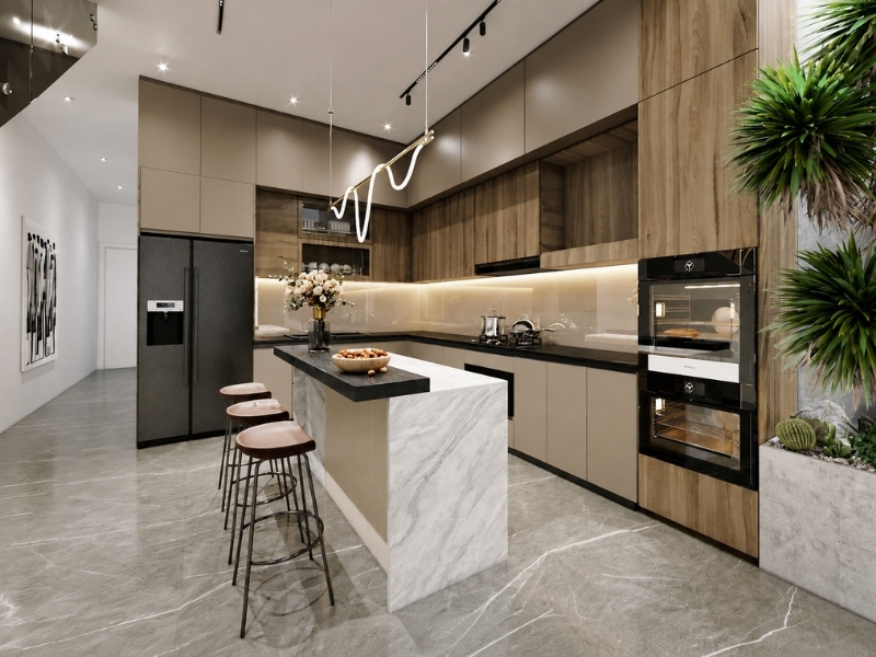 Thiết kế bếp ăn nhà phố 2 tầng phong cách Luxury có quầy bar đảo