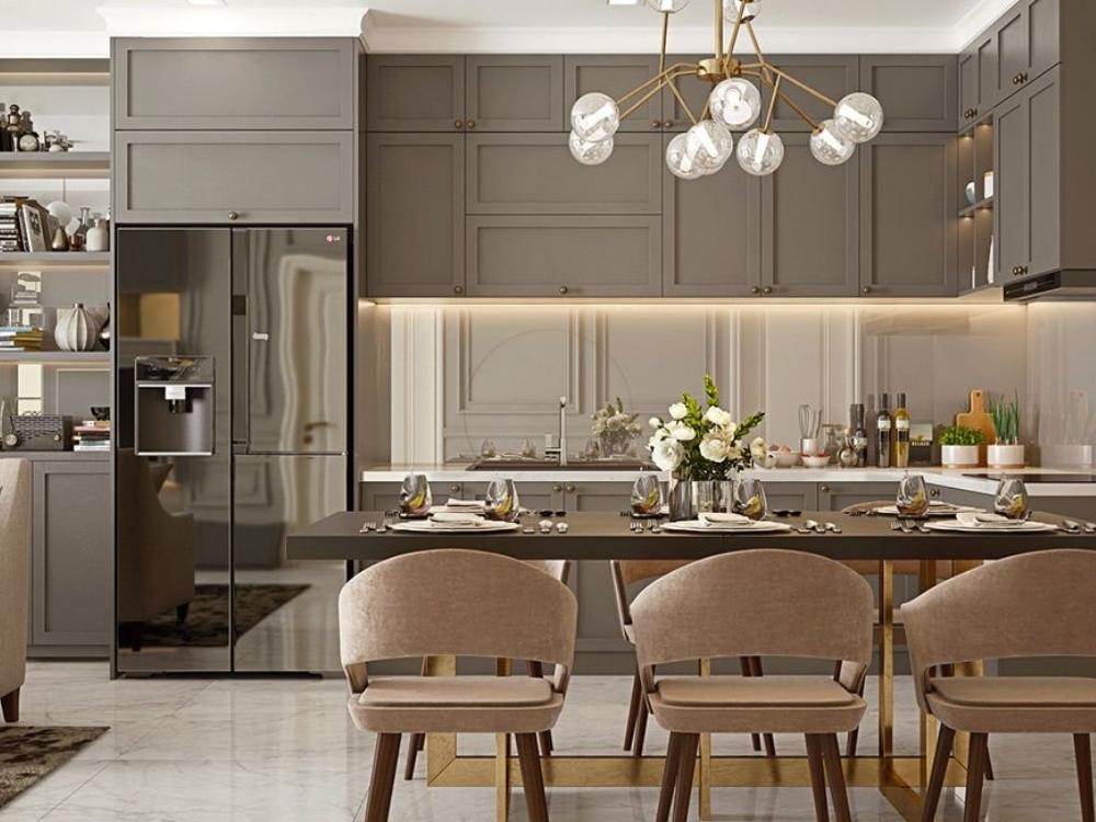 Thiết kế bếp căn hộ 3 Bếp căn hộ 3 phòng ngủ với bàn đảo lớn, vừa phục vụ nấu nướng, vừa là nơi giao lưu và thưởng thức bữa sáng