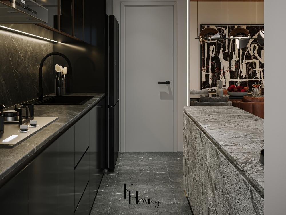 Thiết kế bếp căn hộ 3 phòng ngủ hiện đại – Sử dụng vật liệu cao cấp như đá granite và gỗ óc chó