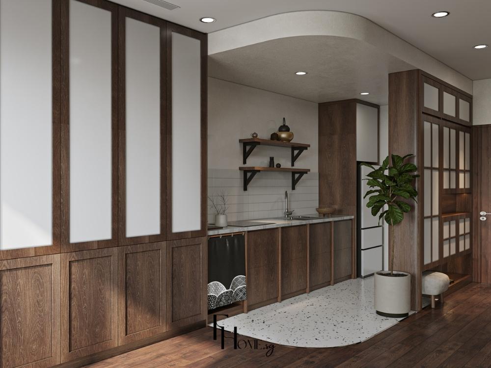 Thiết kế bếp mở cho căn hộ 1 phòng ngủ kết nối với phòng khách, sử dụng gam màu sáng như trắng và be để tối ưu không gian