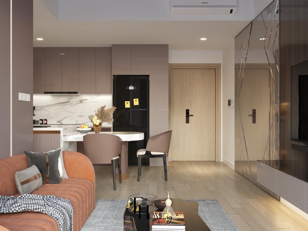 Thiết kế bếp mở cho căn hộ 1 phòng ngủ sử dụng thiết bị đa năng như lò vi sóng kết hợp nướng