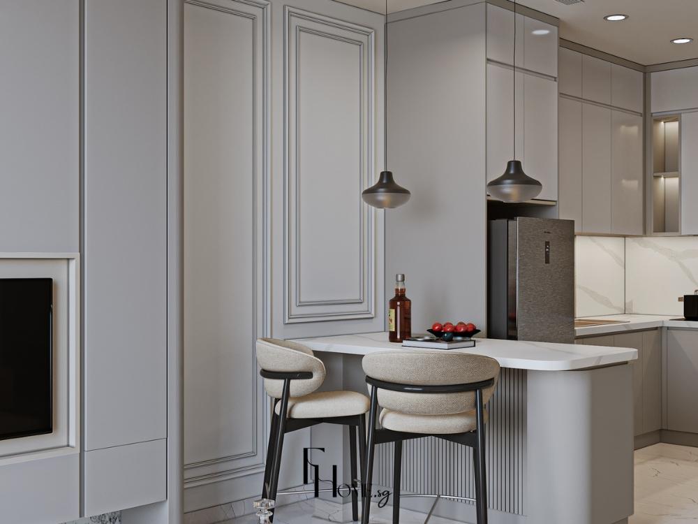 Thiết kế bếp mở cho căn hộ 1 phòng ngủ với gam màu trung tính như trắng và be