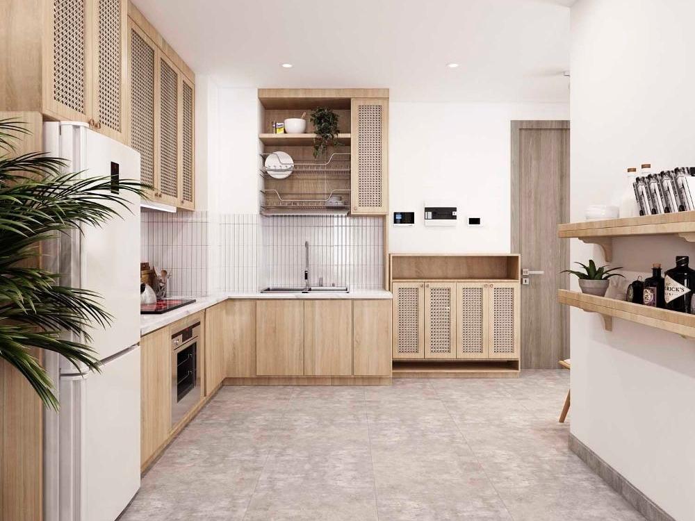 Thiết kế bếp mở cho căn hộ 2 phòng ngủ với bố cục chữ L giúp tối ưu góc chết và tạo tam giác công việc hiệu quả