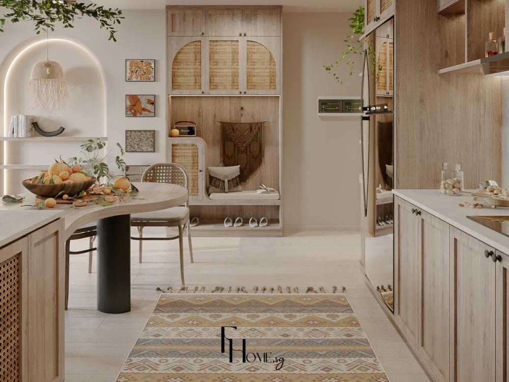 Thiết kế bếp mở cho căn hộ 2 phòng ngủ với đảo bếp hoặc quầy bar giúp không gian nấu nướng trở nên thông thoáng