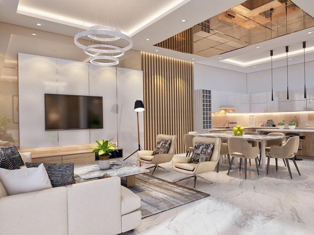 Thiết kế bếp mở cho căn hộ 3 phòng ngủ sử dụng vật liệu cao cấp như đá granite và gỗ óc chó