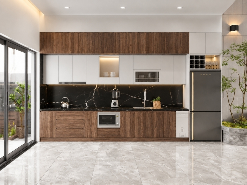 Thiết kế bếp nhà phố 2 tầng 5x15m tủ chữ I ốp đá đen