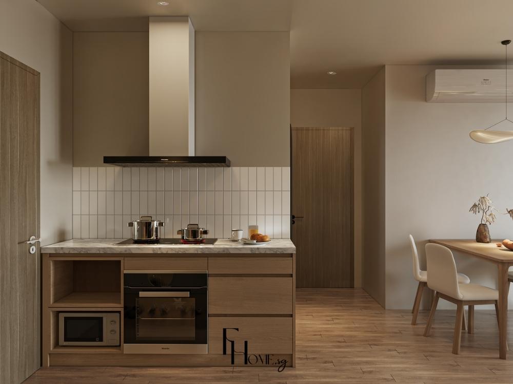 Thiết kế bếp phong cách Wabi Sabi với vật liệu gỗ, kết hợp màu nâu và be cát