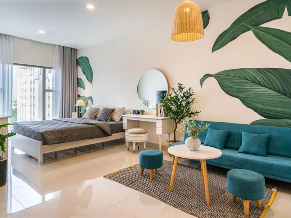 Thiết kế căn hộ 40m2 với giường có hộc tủ, bàn trang điểm kiêm bàn làm việc