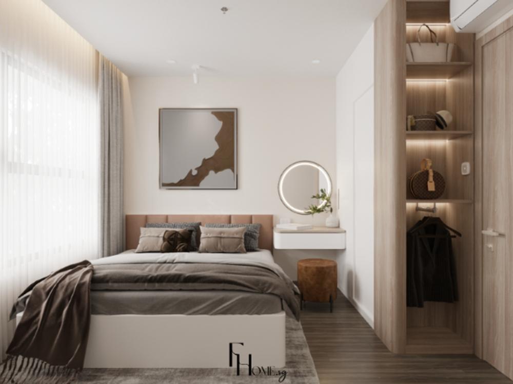 Thiết kế căn hộ chung cư nhỏ phong cách tối giản với tủ âm tường, sofa giường, và các chi tiết nội thất đa chức năng