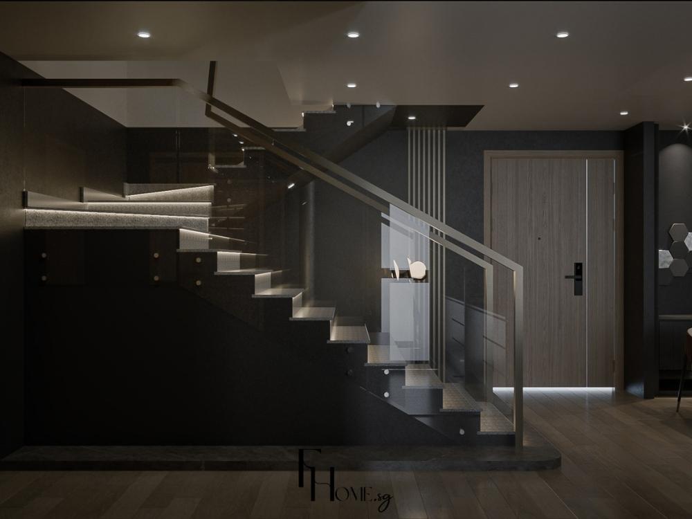 Thiết kế cầu thang gam tối cùng ánh sáng tinh tế mang lại cảm giác sâu lắng và đẳng cấp
