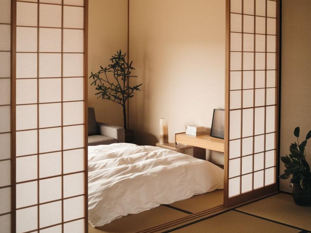 Thiết kế cửa trượt mờ tạo sự riêng tư mà vẫn giữ được độ thông thoáng cho không gian nghỉ ngơi