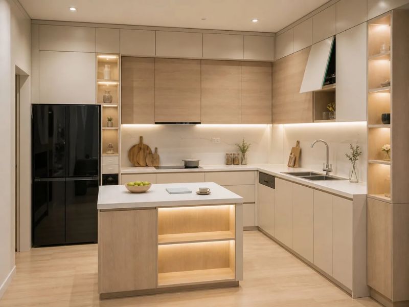 Thiết kế nhà bếp chung cư bằng gỗ công nghiệp MDF có đèn LED ấm và bàn đảo mặt đá trắngThiết kế nhà bếp chung cư bằng gỗ công nghiệp MDF có đèn LED ấm và bàn đảo mặt đá trắng