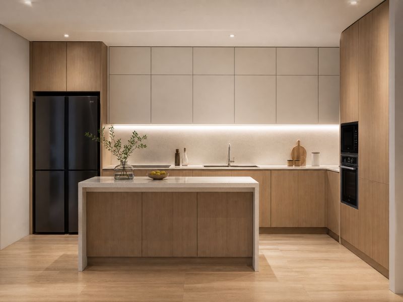 Thiết kế nội thất nhà bếp chung cư đèn LED âm tường và bàn đảo mặt đá nhạt phong cách tối giản