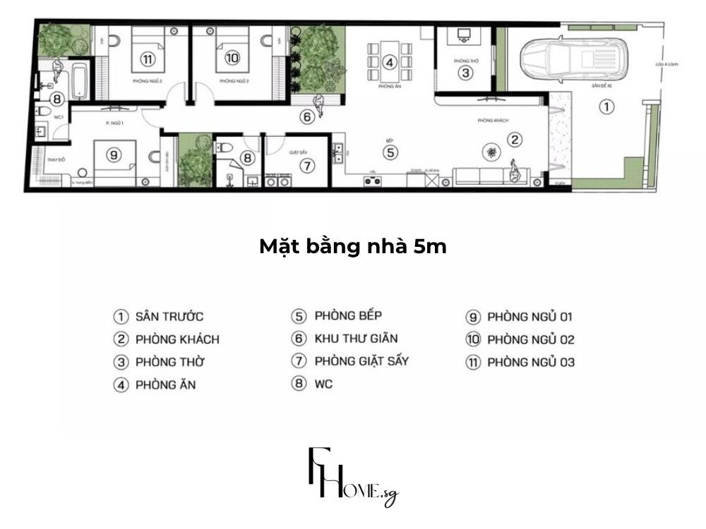 Thiết kế nhà phố mặt tiền 5m là bài toán xử lý không gian hẹp về chiều ngang