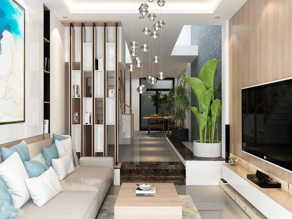 Thiết Kế Nội Thất Nhà Phố 2 Tầng Phong Cách hiện đại với phòng khách với tông màu trắng chủ đạo kết hợp cây xanh trang trí