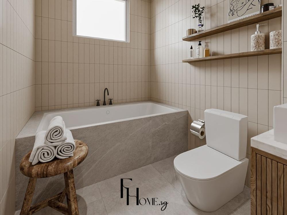 Phòng tắm tối giản với bồn tắm và gạch vân đá tạo không gian thư giãn và thoải mái.