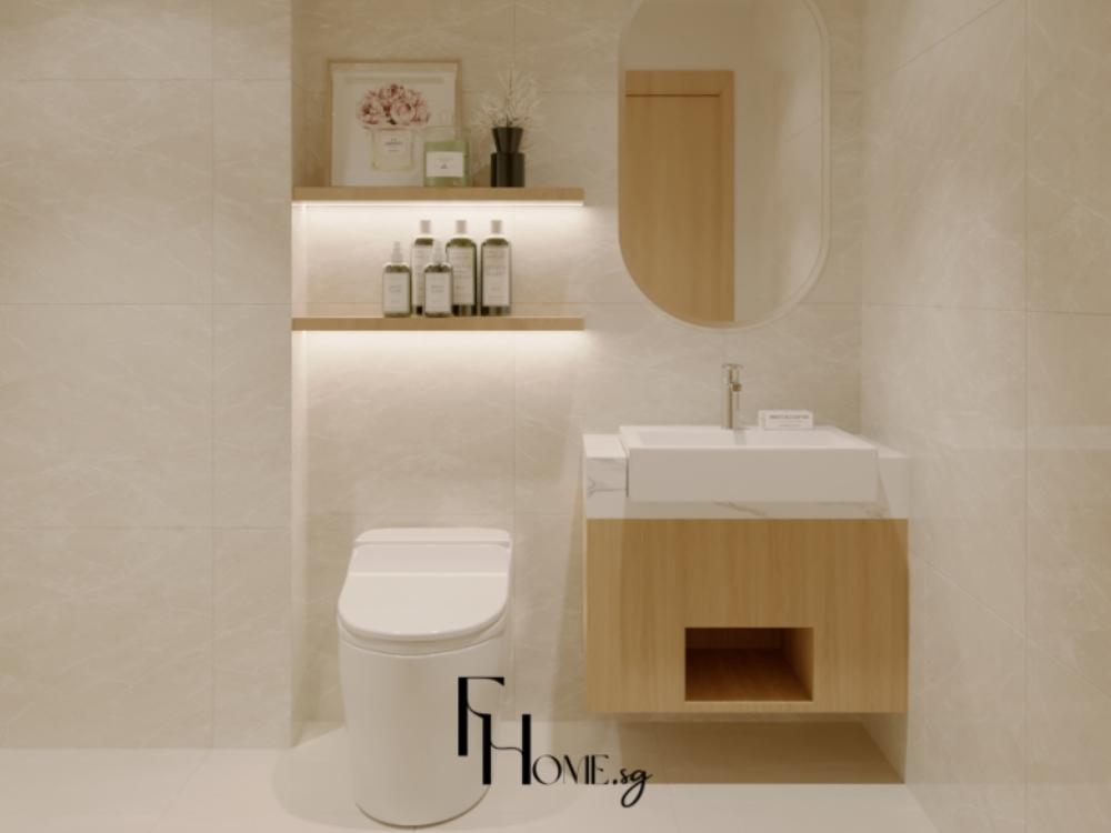 Phòng vệ sinh chung cư tông màu trắng sạch sẽ