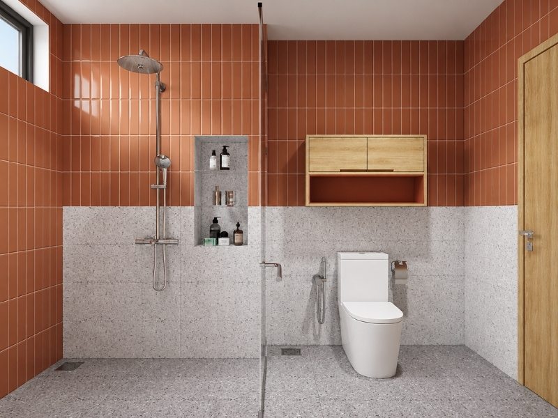 Thiết kế nhà vệ sinh nhà phố 5x20 phong cách Japandi với gạch thẻ cam đất và đá terrazzo