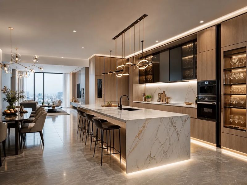 Thiết kế nội thất không gian bếp liền phòng khách với đảo bếp ốp đá vân trắng vàng 