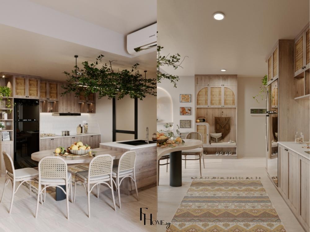 Thiết kế nội thất bếp phong cách Bohemian với bố cục linh hoạt, màu sắc nổi bật, mang đến không gian nấu nướng sáng tạo và đầy cá tính