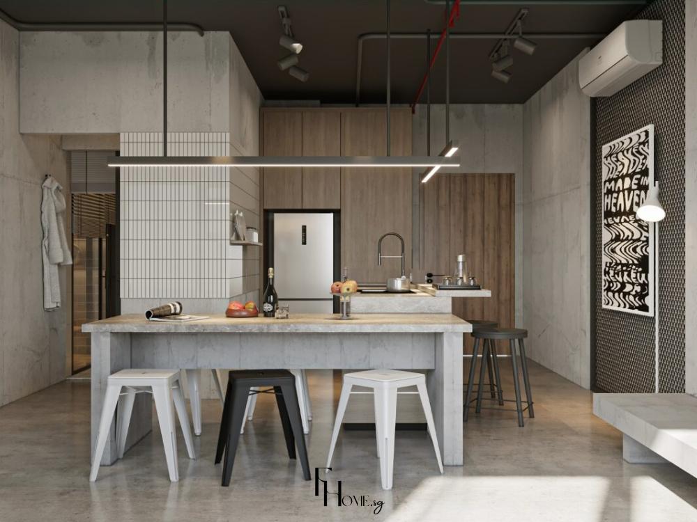 Thiết kế nội thất bếp phong cách Brutalism với bố trí gọn gàng, đường nét hình khối rõ ràng và màu sắc trung tính