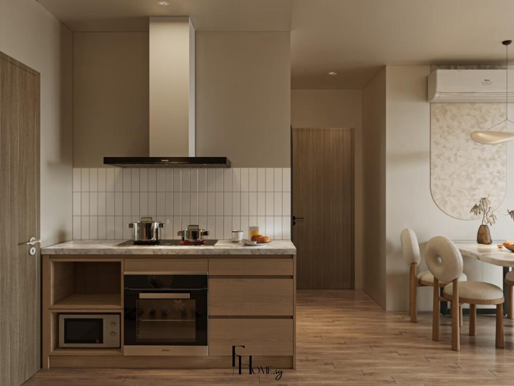 Thiết kế nội thất bếp phong cách Farmhouse với bố trí gọn gàng, tông màu sáng và không gian ấm cúng, mang đến trải nghiệm nấu nướng gần gũi và dễ chịu