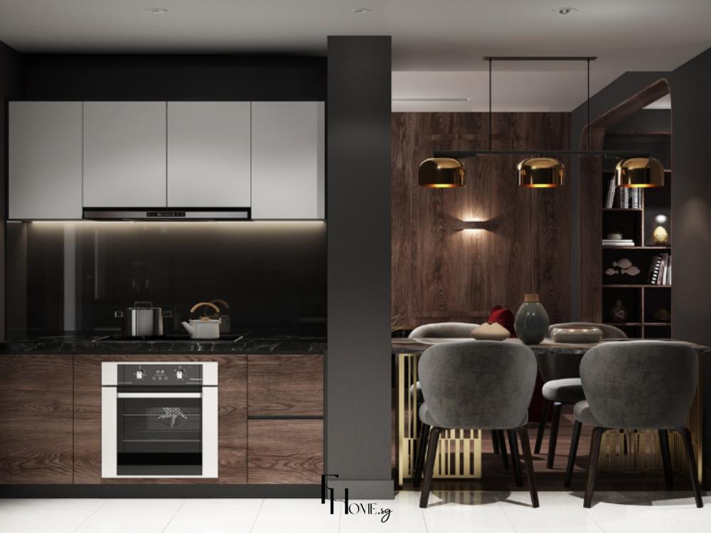 Thiết kế nội thất bếp phong cách Tân cổ điển với bố trí gọn gàng, chi tiết tinh xảo và màu sắc trung tính hài hòa