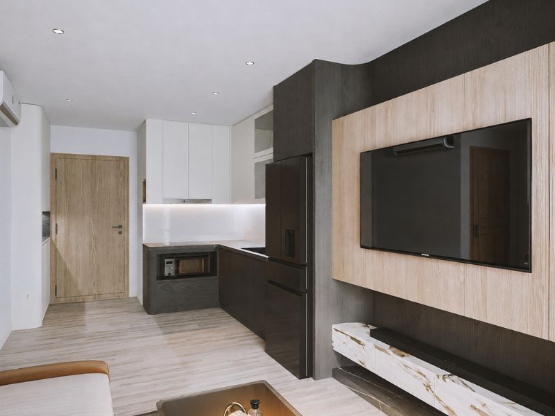 Thiết kế nội thất chung cư 105m2 2 phòng ngủ với bếp chữ L