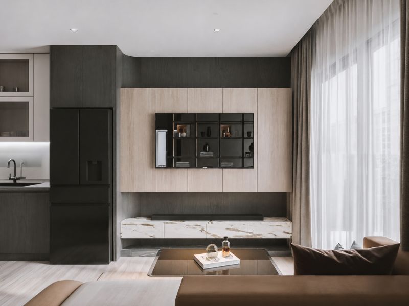 Thiết kế nội thất chung cư 105m2 2 phòng ngủ với phòng khách liền bếp