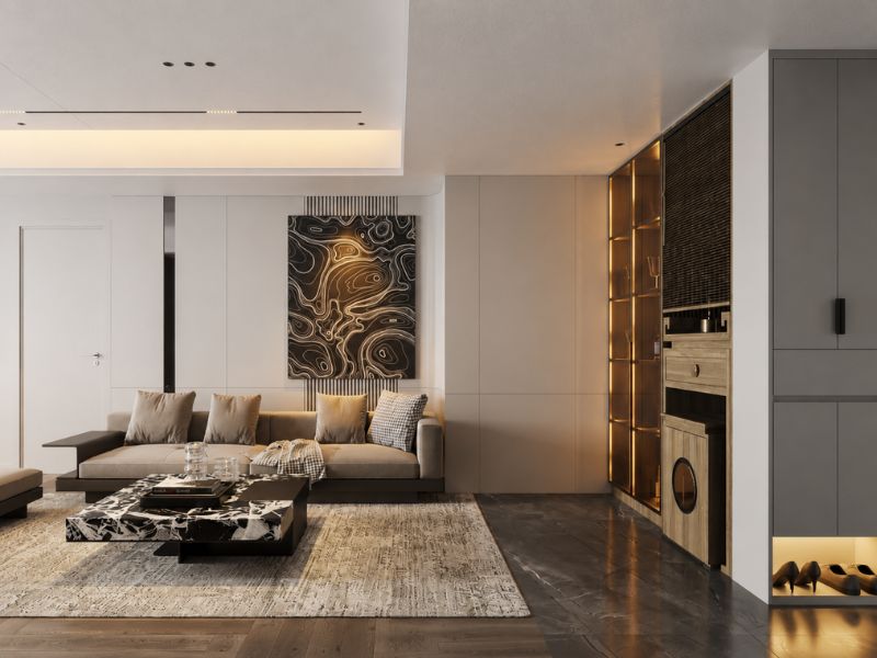 Thiết kế nội thất chung cư 105m2 3 phòng ngủ với phòng khách và hệ tủ âm tường