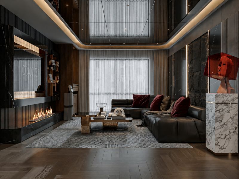  Thiết kế nội thất chung cư 105m2 phong cách Luxury với sofa da và đá tối màu