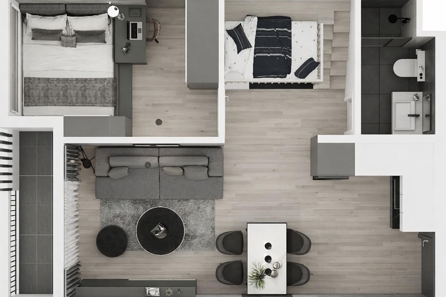 Thiết kế nội thất chung cư 45m2 1 phòng ngủ phương án 2 với phòng khách ưu tiên diện tích lớn