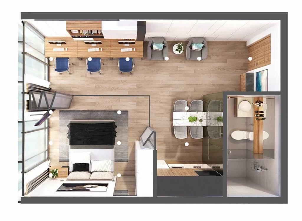 Thiết kế nội thất chung cư 45m2 1 phòng ngủ phương án studio đa năng với khu làm việc view cửa sổ