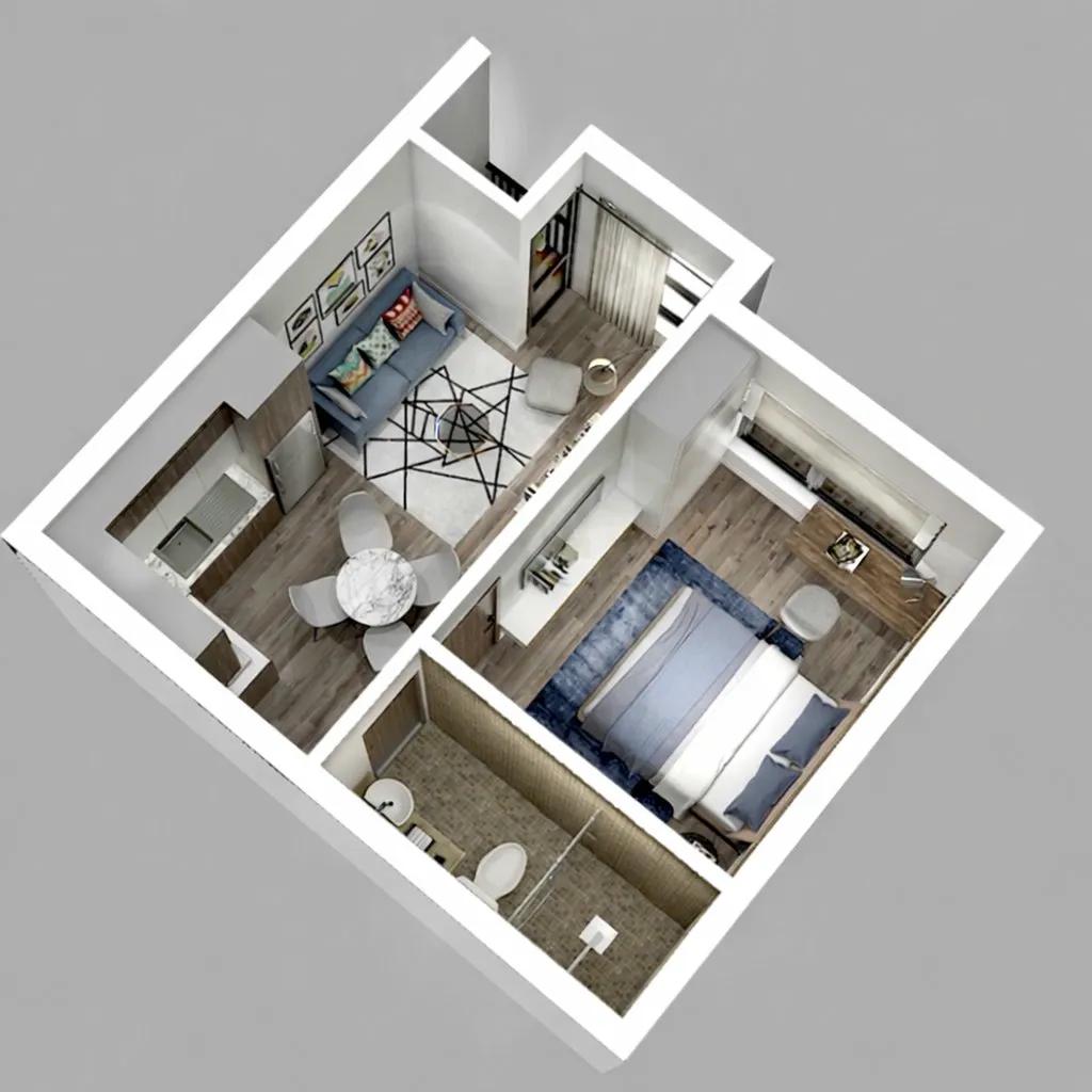 Thiết kế nội thất chung cư 45m2 1 phòng ngủ với phòng khách liền bếp mở và phòng ngủ tách biệt